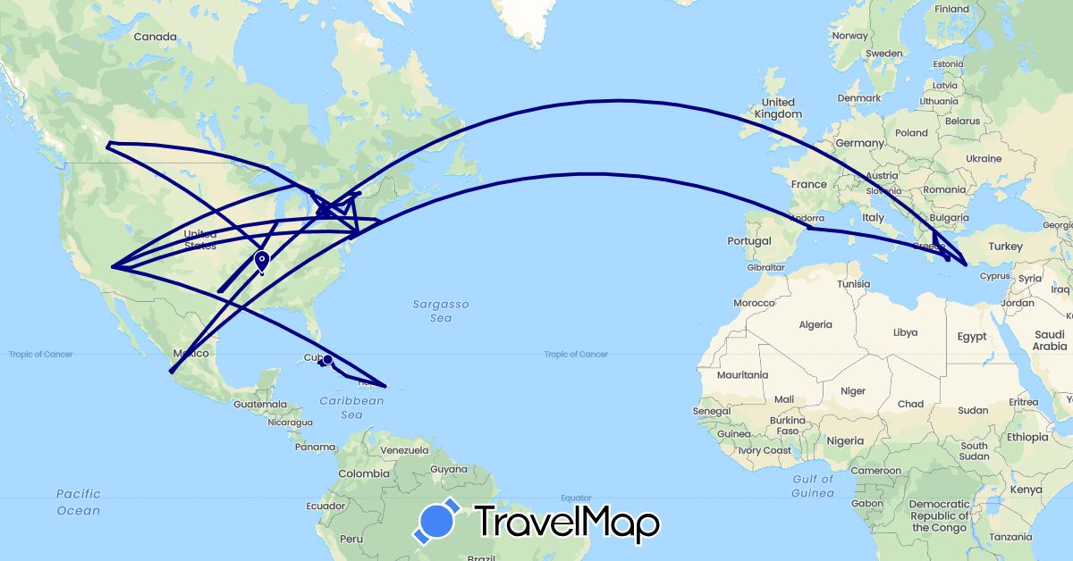 TravelMap itinerary: driving in Canada, Cuba, Dominican Republic, Spain, Greece, Mexico, Turkey, United States (Asia, Europe, North America)